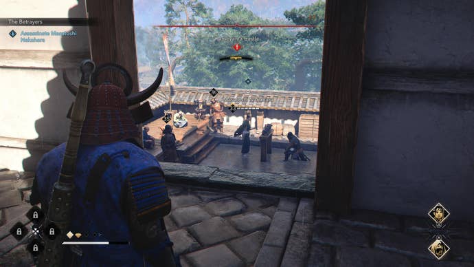 Yasuke looking through a gate at Masatoshi Nakahara in Assassin’s Creed Shadows.