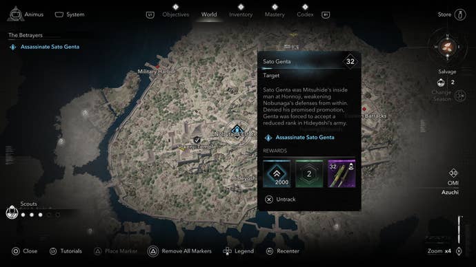 A map screen showing the location of Sato Genta in Assassin’s Creed Shadows.