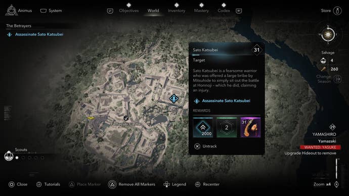 A map screen showing the location of the Betrayer, Sato Katsubei, in Assassin’s Creed Shadows.