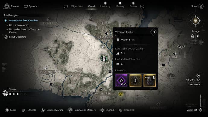 A map screen showing the location of the castle where Sato Katsubei is found in Assassin’s Creed Shadows.