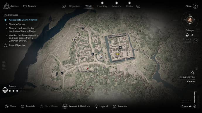 A map screen showing the location of Usami Yoshiko in Assassin’s Creed Shadows.
