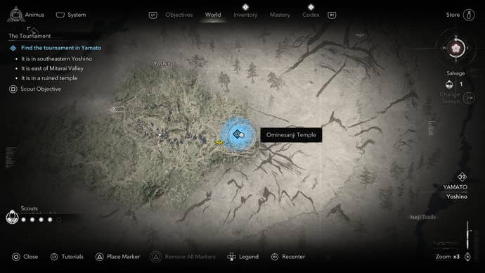 Map screen showing the location of the tournament at Assassin's Creed Shadows.