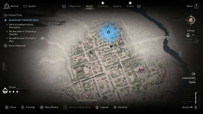 A map screen showing the location of Takahashi Goro of the Twisted Tree in Assassin’s Creed Shadows.