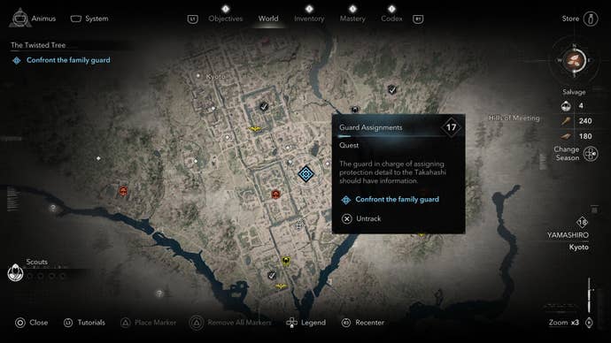 A map screen showing the location of the Twisted Tree family guard in Assassin’s Creed Shadows.