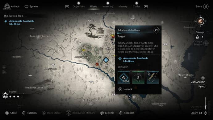 A map screen showing the location of Takahashi Ichi-Hime of the Twisted Tree in Assassin’s Creed Shadows.