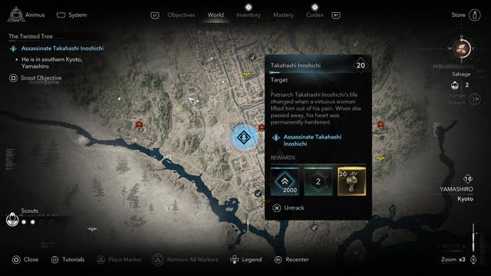 A map screen showing the location of Takahashi Inoshichi of the Twisted Tree in Assassin’s Creed Shadows.