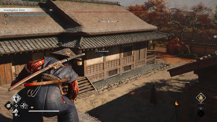 Naoe crouching on a rooftop looking down on Takahashi Inoshichi of the Twisted Tree in Assassin’s Creed Shadows.