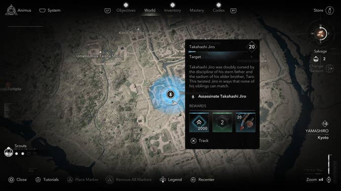 A map screen showing the location of Takahashi Jiro of the Twisted Tree in Assassin’s Creed Shadows.
