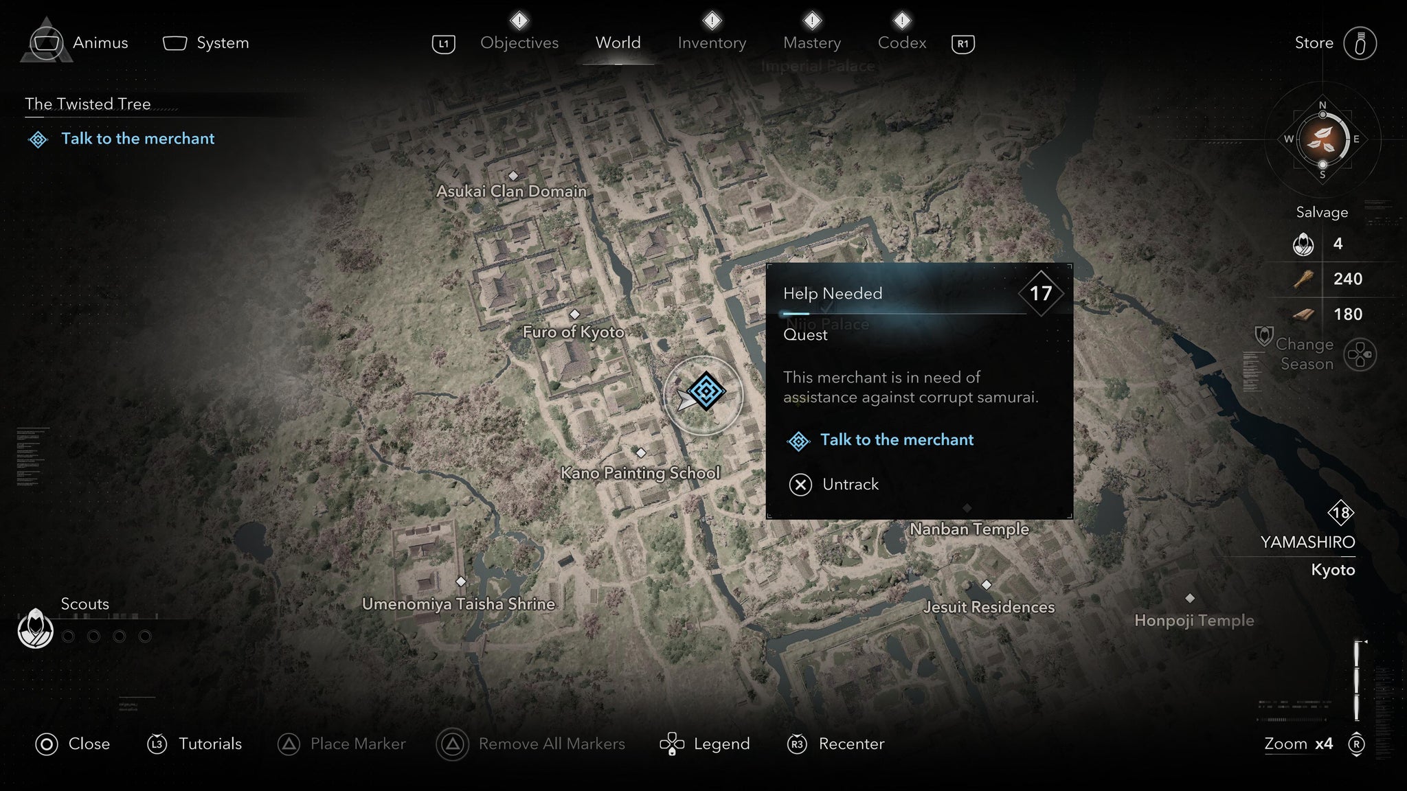 A map screen showing the location of the Twisted Tree merchant in Assassin's Creed Shadows. - 6