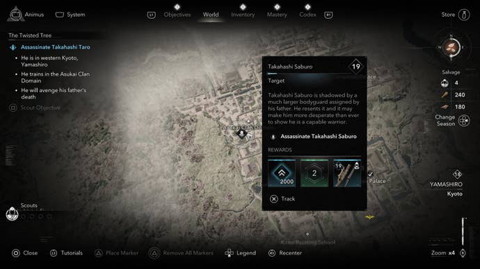 A map screen showing the location of Takahashi Saburo of the Twisted Tree in Assassin’s Creed Shadows.