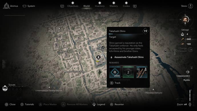 A map screen showing the location of Takahashi Shiro of the Twisted Tree in Assassin’s Creed Shadows.