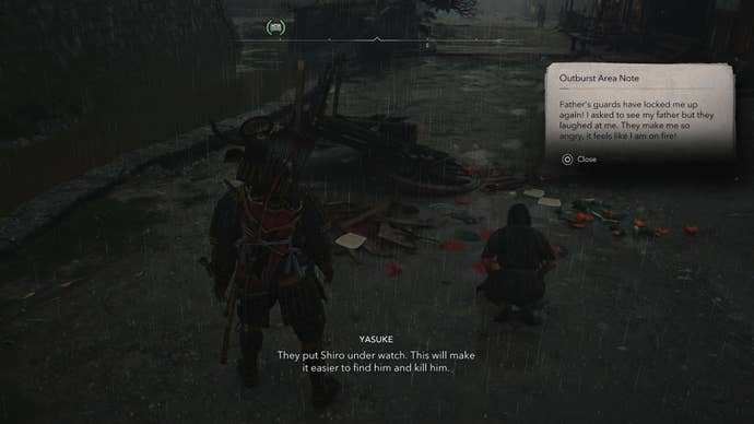 Yasuke picking up a letter implicating Takahashi Shiro in an assault in Assassin’s Creed Shadows.