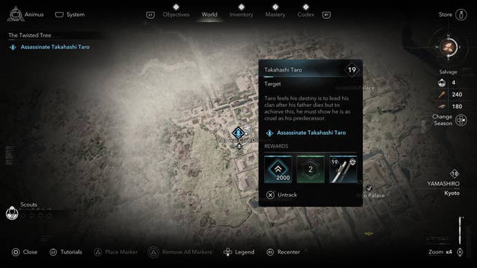 A map screen showing the location of Takahashi Taro of the Twisted Tree in Assassin’s Creed Shadows.