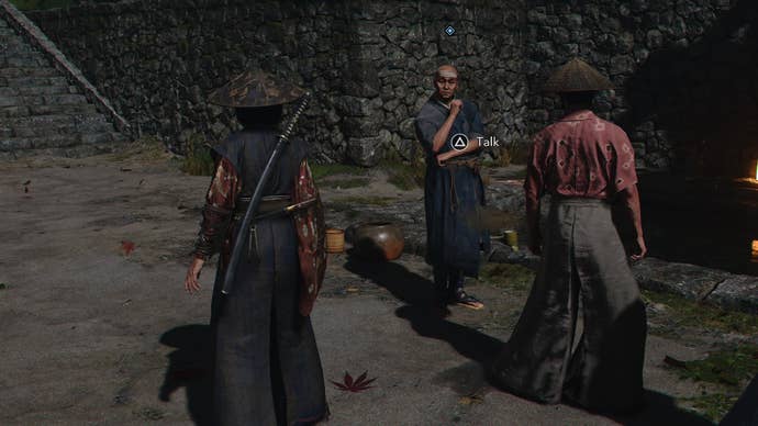 Naoe speaking to the monk, Ujimasa, about the Twisted Tree in Assassin’s Creed Shadows.