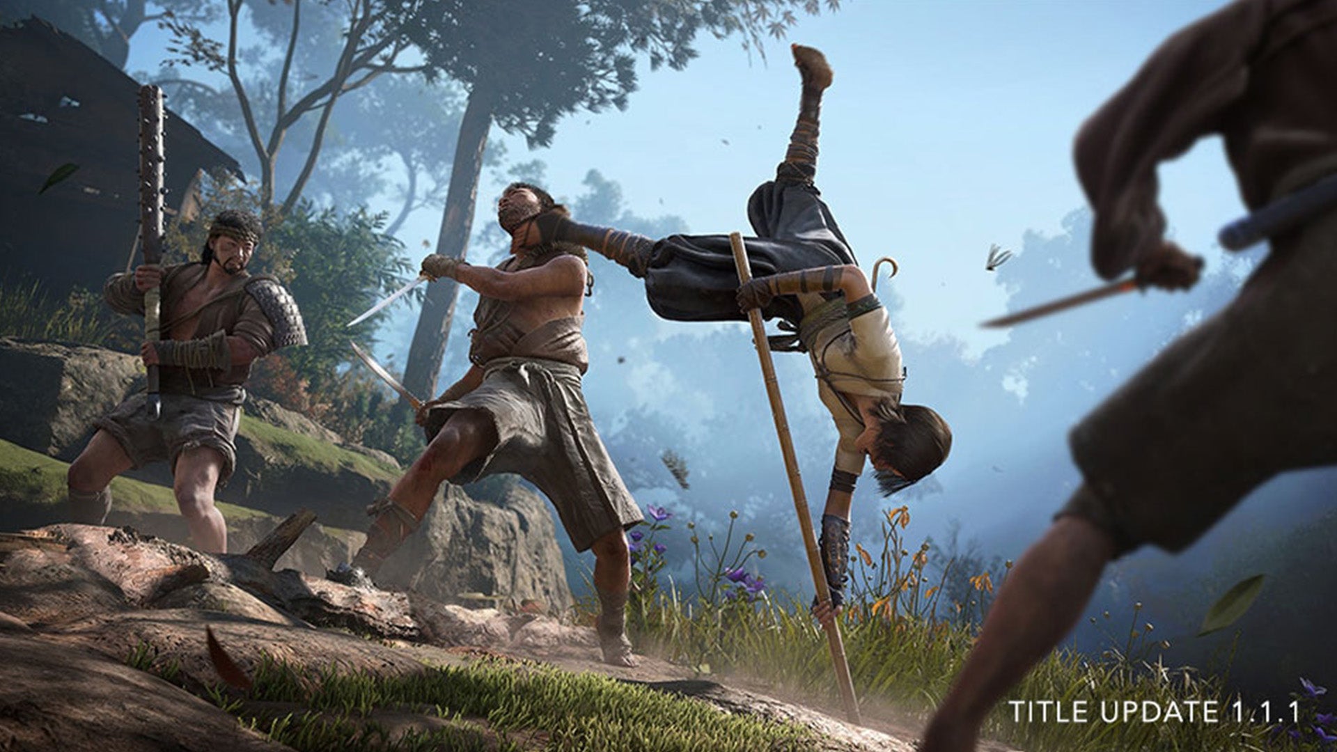 Naoe fighting off enemies using a Bo staff in Assassin's Creed Shadows. - 1