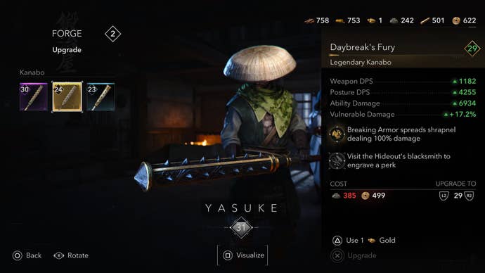 An upgrade screen in Assassin’s Creed Shadows showing Yasuke holding a weapon to be upgraded; to the right are numbers displayed in green to indicate improved stats while a number displayed in red indicates the player is short on materials.