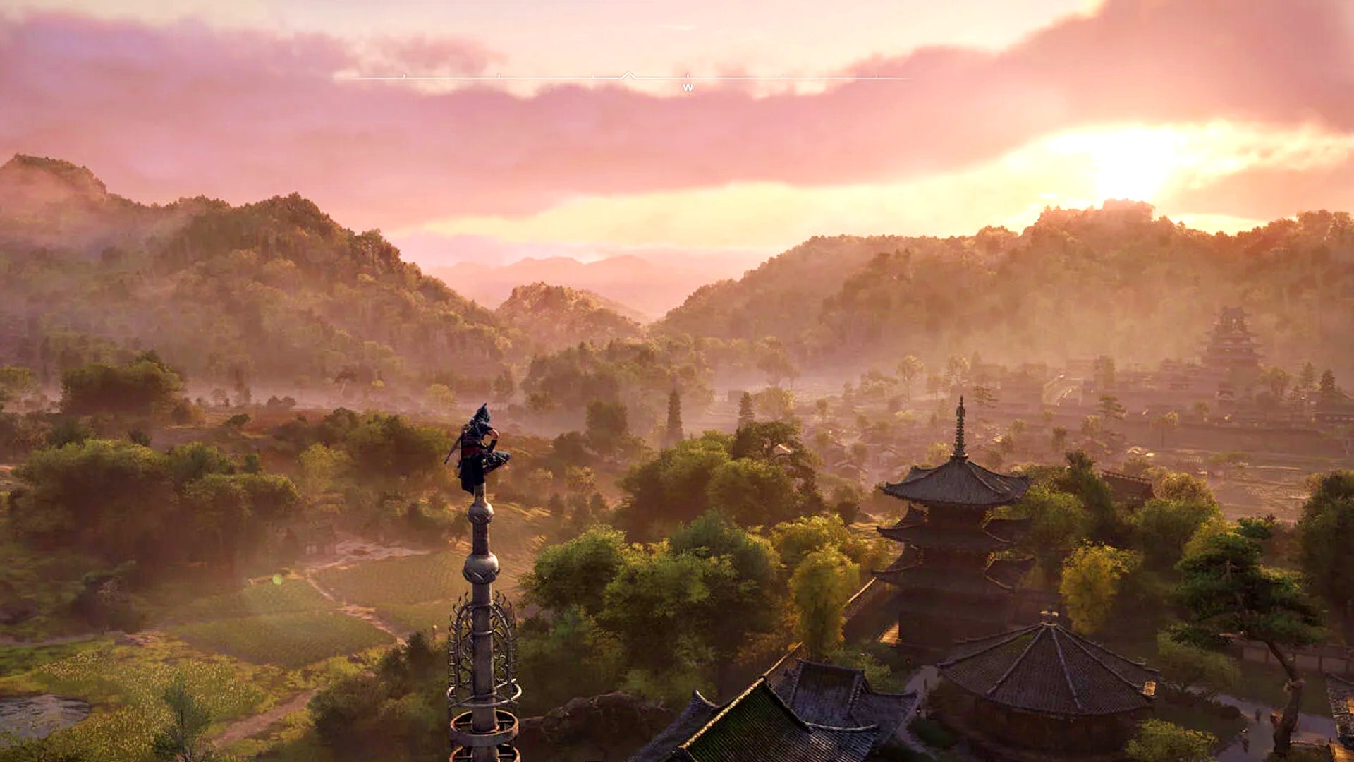 Naoe kneels on a spire, looking out above a stunning sunrise in Assassin's Creed Shadows. - 1