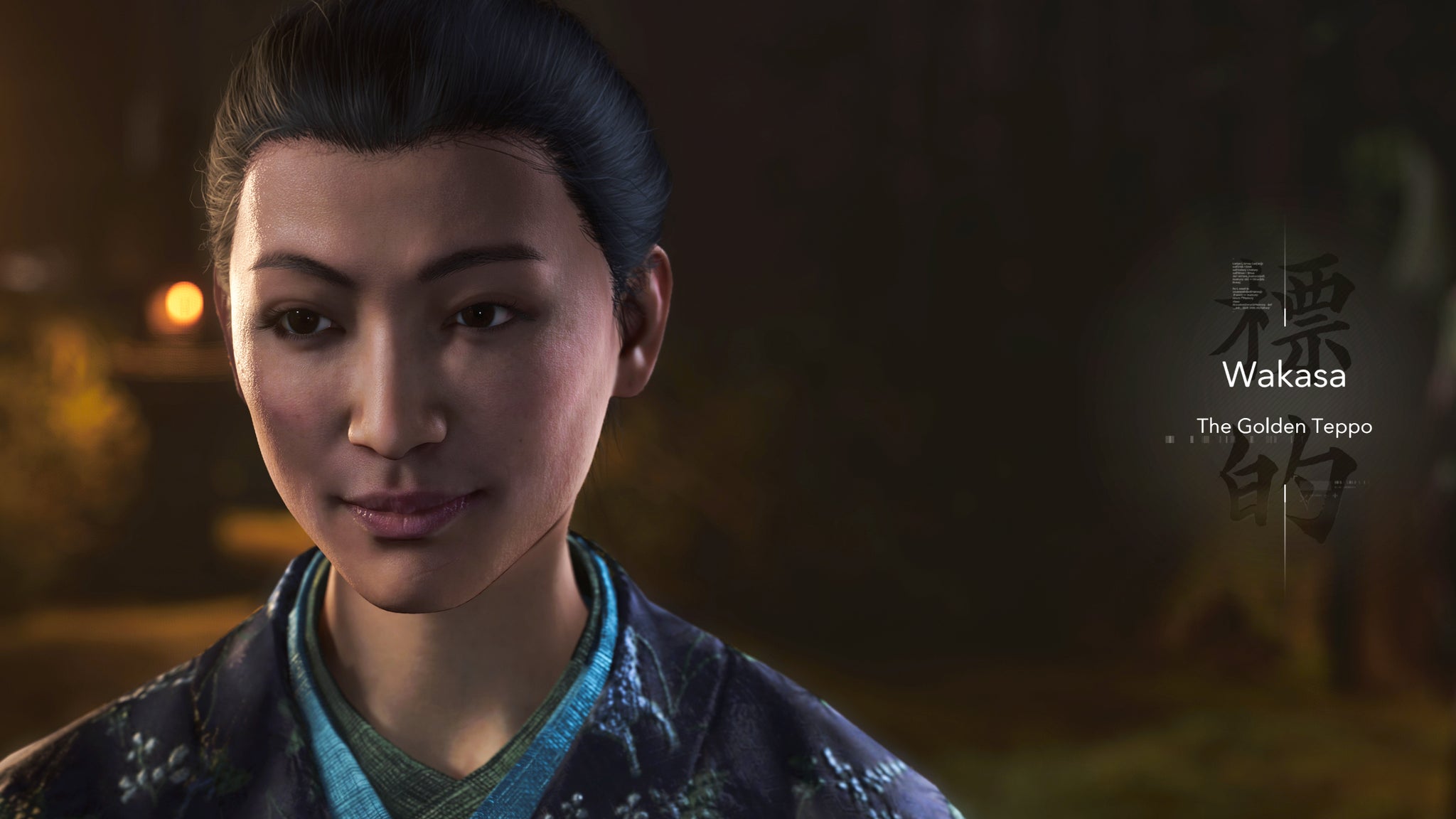 A close-up of Wakasa's face in Assassin's Creed Shadows as she is revealed by text on the right-hand side to be the Golden Teppo boss enemy. - 8