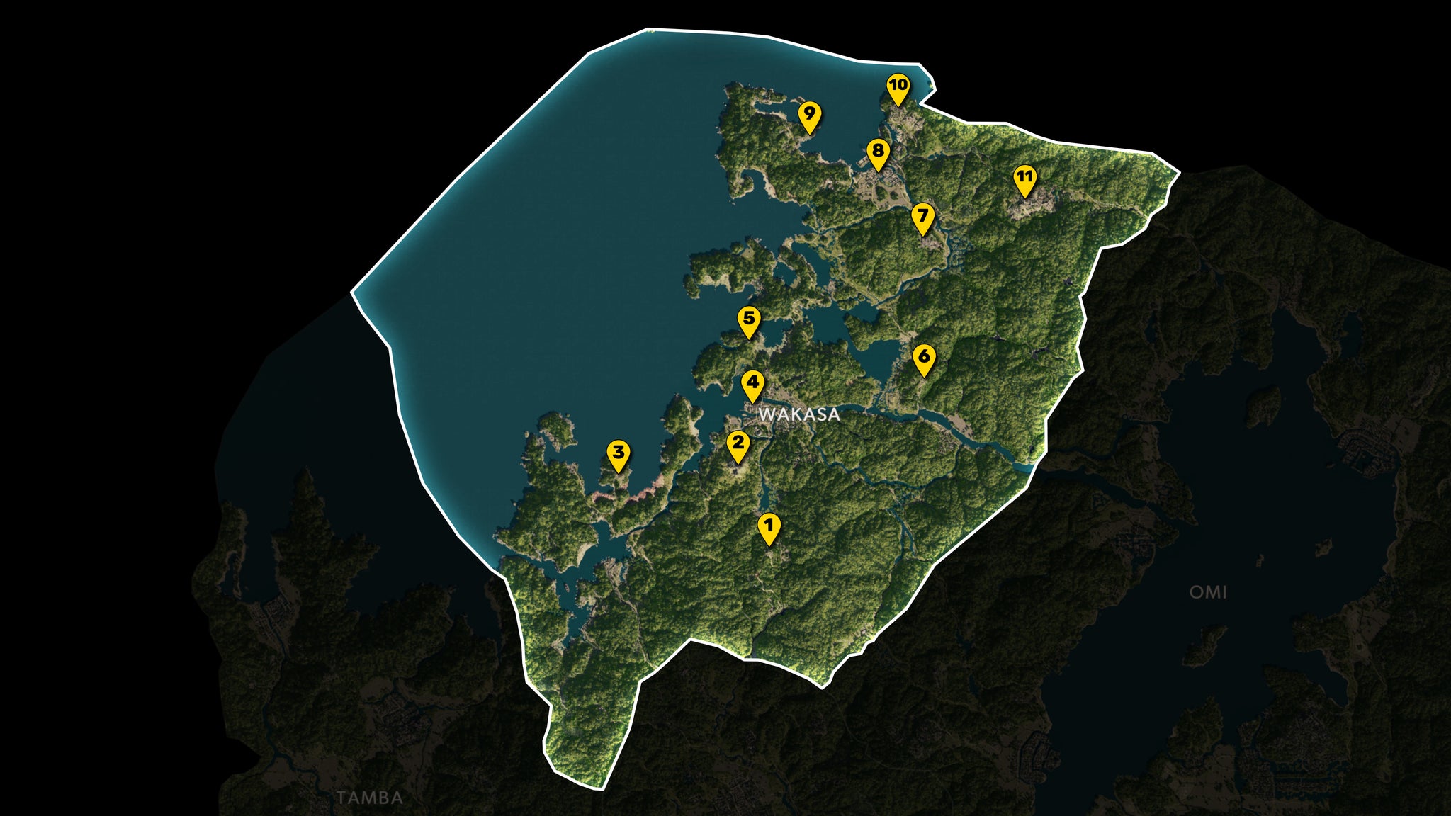 Part of the map of Assassin's Creed Shadows, with everything except the region of Wakasa greyed out, and all Viewpoints in the region marked and numbered in yellow. - 9