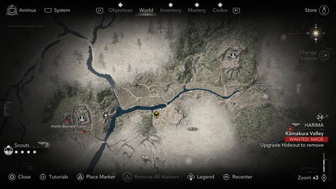 The world map of Assassin’s Creed Shadows, with a line in the lower right corner showing that the Wanted status is active.