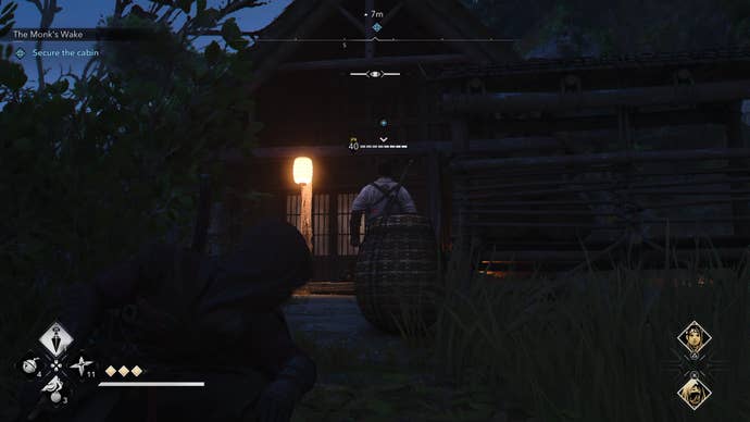 Naoe sneaking up on the Valley Yamabushi in Assassin’s Creed Shadows.