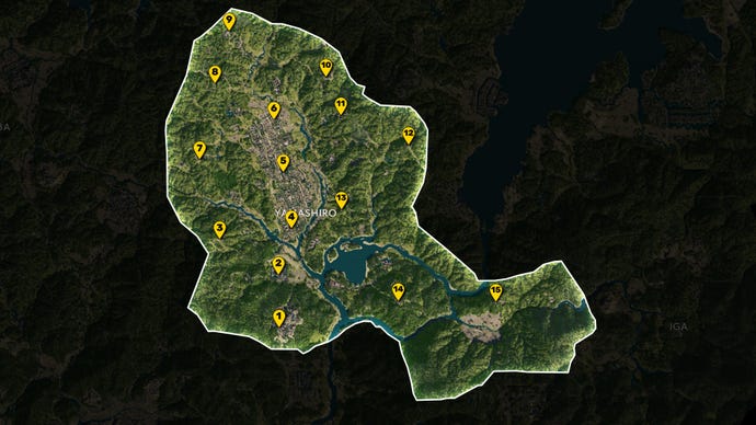 Parte del mapa de Assassin's Creed Shadows, con todo excepto la región de Yamashiro Greyed, y todos los puntos de vista en la región marcados y numerados en amarillo.