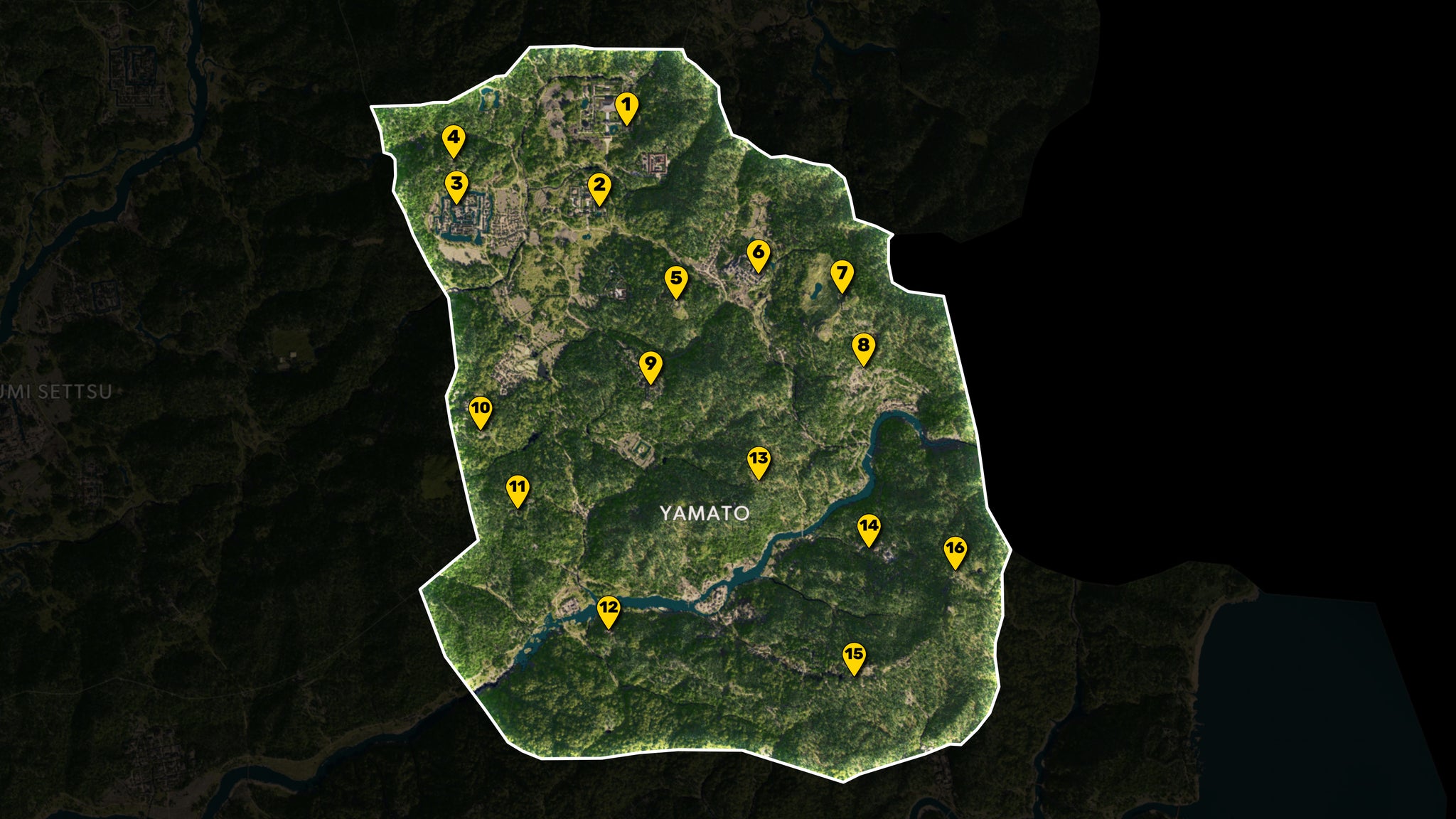 Part of the map of Assassin's Creed Shadows, with everything except the region of Yamato greyed out, and all Viewpoints in the region marked and numbered in yellow. - 8