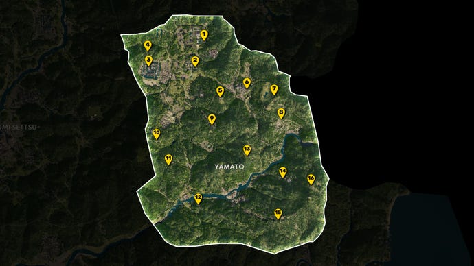 Parte del mapa de Assassin's Creed Shadows, con todo excepto la región de Yamato Greyed, y todos los puntos de vista en la región marcados y numerados en amarillo.