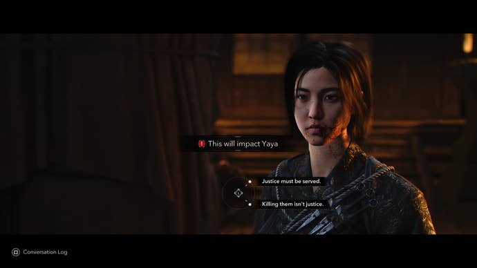 Noae considering how to respond to her possible ally, Yaya, with the text “this will impact Yaya” overlaid in Assassin’s Creed Shadows.