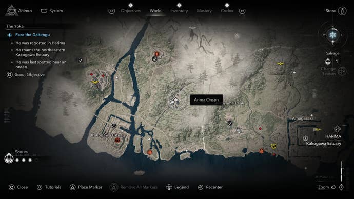 A map screen showing the location of the Daitengu Yokai in Assassin’s Creed Shadows.