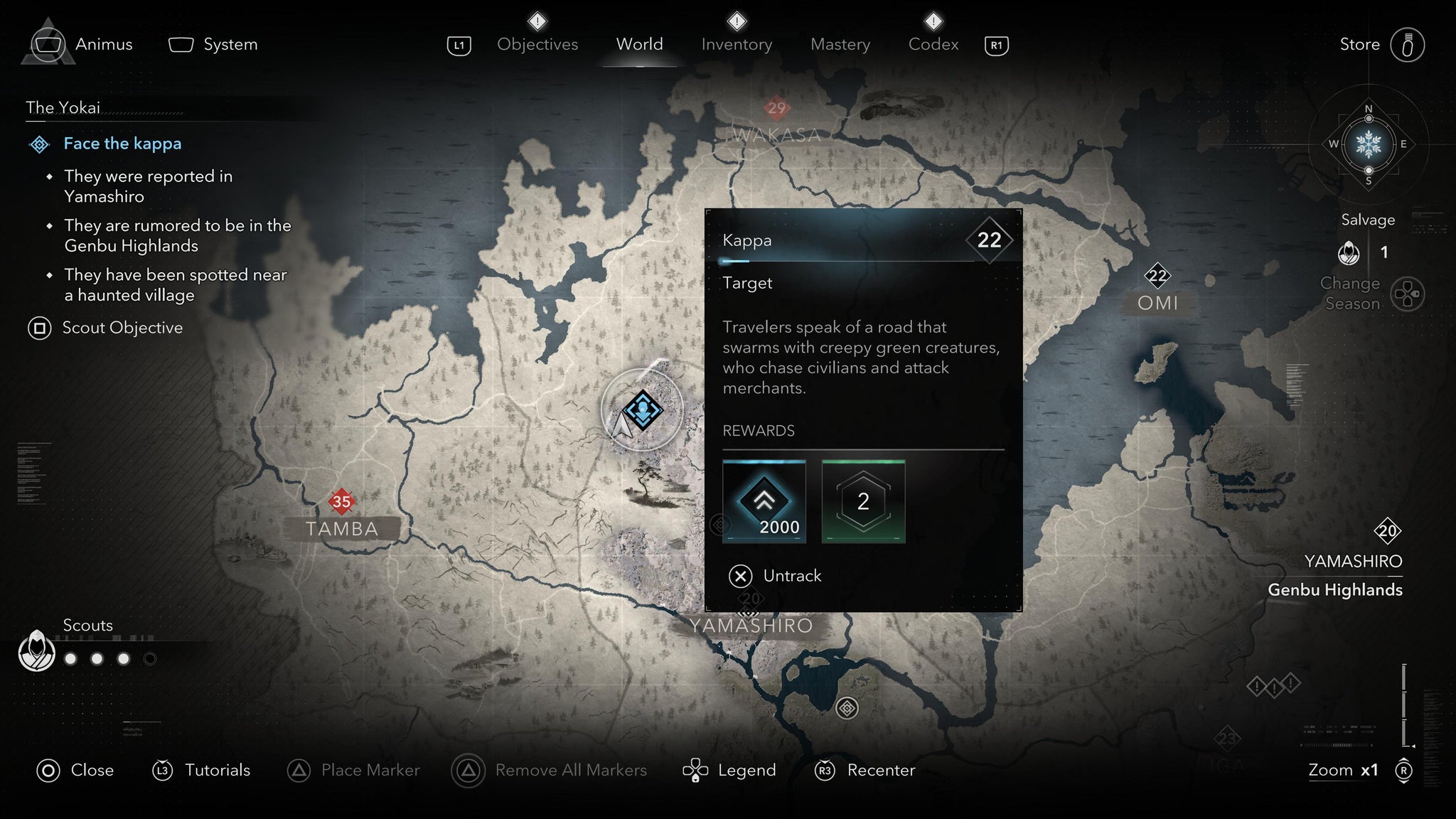 A map screen showing the location of the Kappa Yokai in Assassin's Creed Shadows. - 3