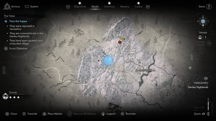 A map screen showing the location of the road the Kappa walks down in Assassin’s Creed Shadows.