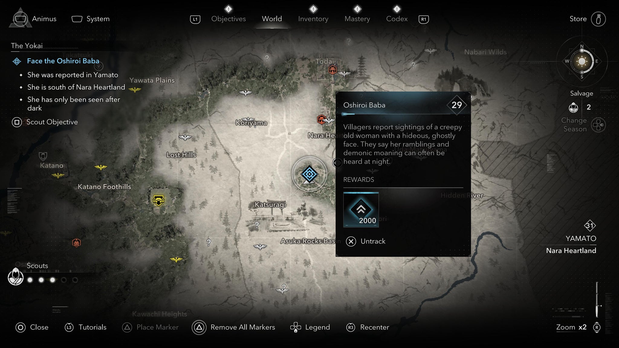 A map screen showing the location of the Oshiroi Baba Yokai in Assassin's Creed Shadows. - 10