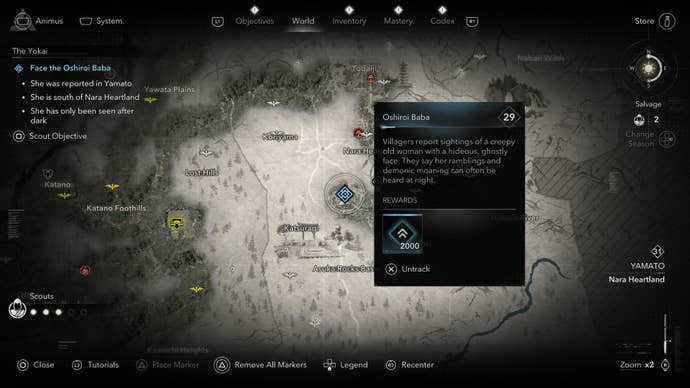 A map screen showing the location of the Oshiroi Baba Yokai in Assassin’s Creed Shadows.