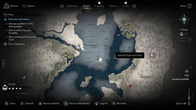 A map screen showing the location of the Yuki Onna Yokai in Assassin’s Creed Shadows.
