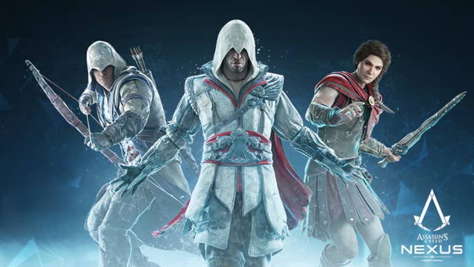 Artwork for the Assassin's Creed spin-off game Nexus VR, showing the main characters Connor, Ezio and Kassandra.