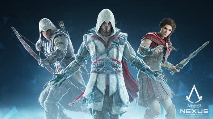Artwork for the Assassin's Creed spin-off game Nexus VR, showing the main characters Connor, Ezio and Kassandra.