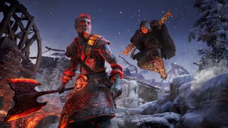Odin pounces on an ogre in Assassin's Creed Valhalla's Dawn Of Ragnarok expansion