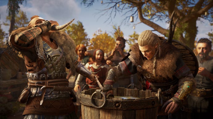 Eivor in a drinking content in an Assassin's Creed Valhalla marketing screenshot.