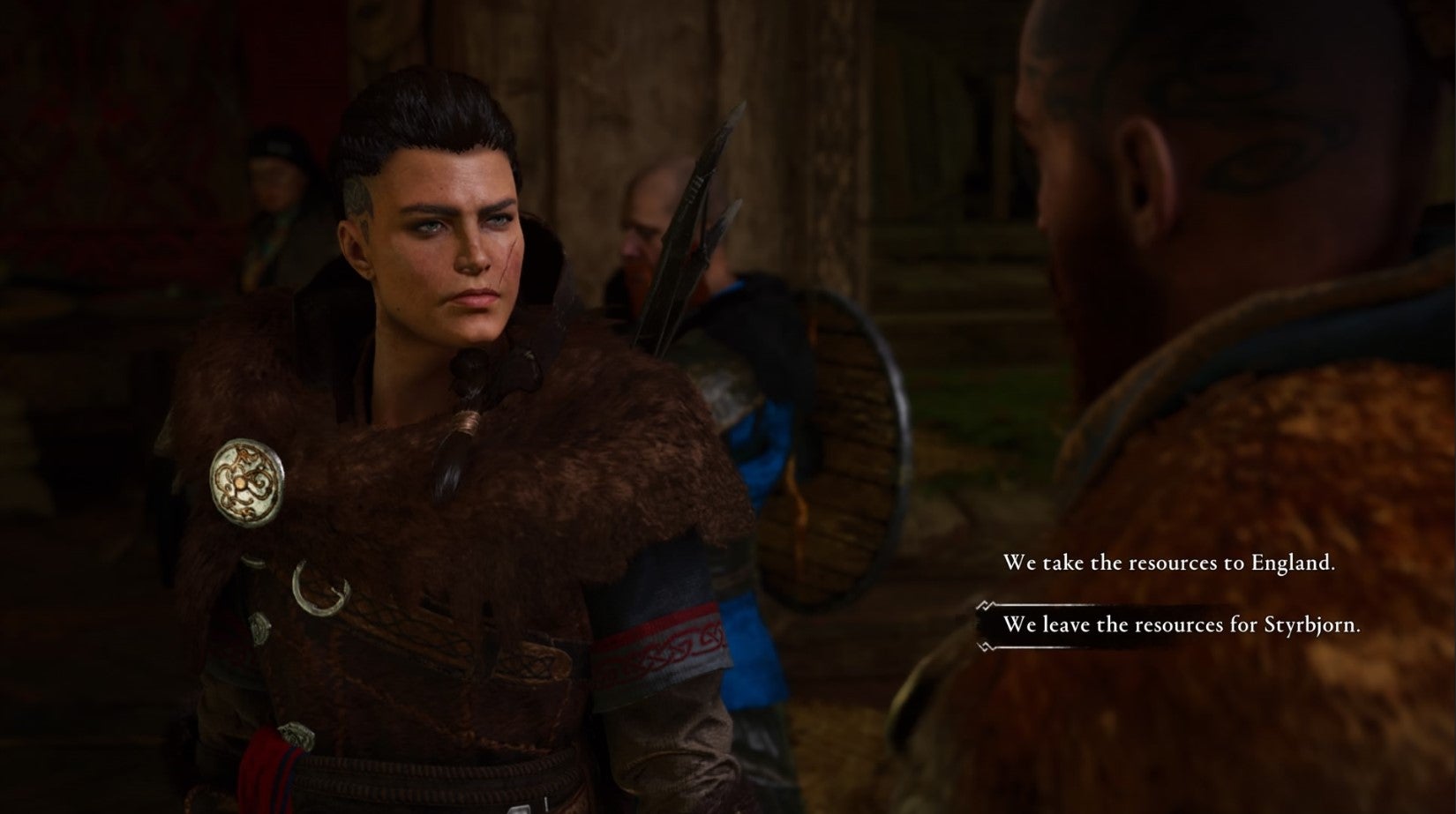 Eivor ponders whether to keep or leave Styrbjorn's resources in conversation with Sigurd. - 1