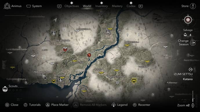 The world map in Assassin’s Creed Shadows. Notably, the season is listed in the upper right corner.