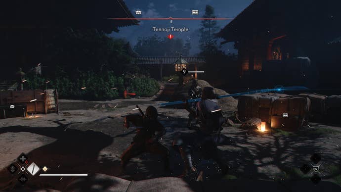 Naoe in Assassin’s Creed Shadows deflects a flurry attack from an enemy at night.
