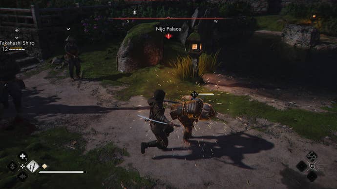 Naoe in Assassin’s Creed Shadows perfectly deflects an enemy attack, rendering them vulnerable with a yellow glow.