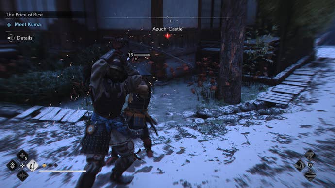 Yasuke in Assassin’s Creed Shadows ripostes an attack from an enemy soldier in the snow.