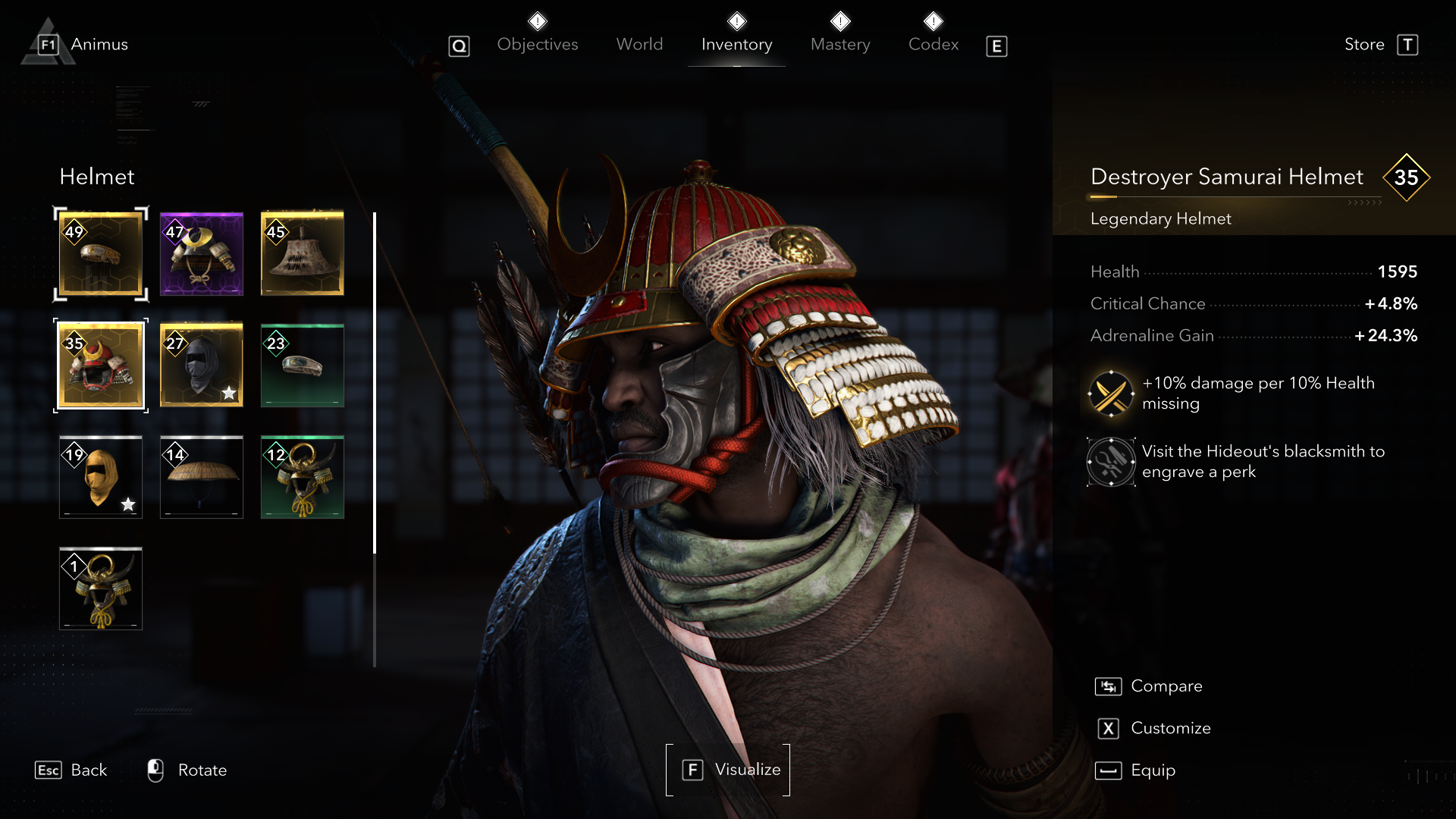 An Assassin&rsquo;s Creed Shadows screenshot showing the Destroyer Samurai Helmet