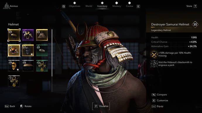 An Assassin’s Creed Shadows screenshot showing the Destroyer Samurai Helmet