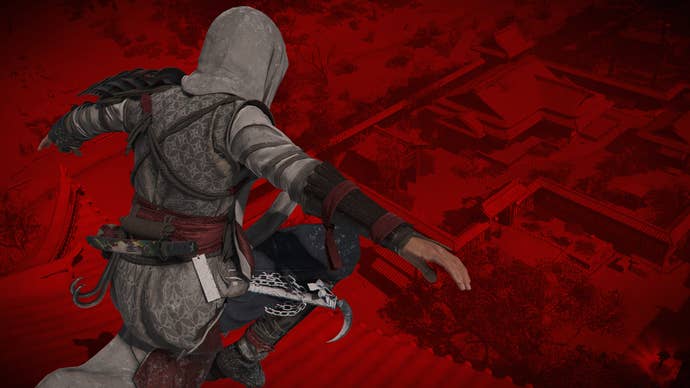 An Assassin’s Creed Shadows screenshot showing Naoe jumping