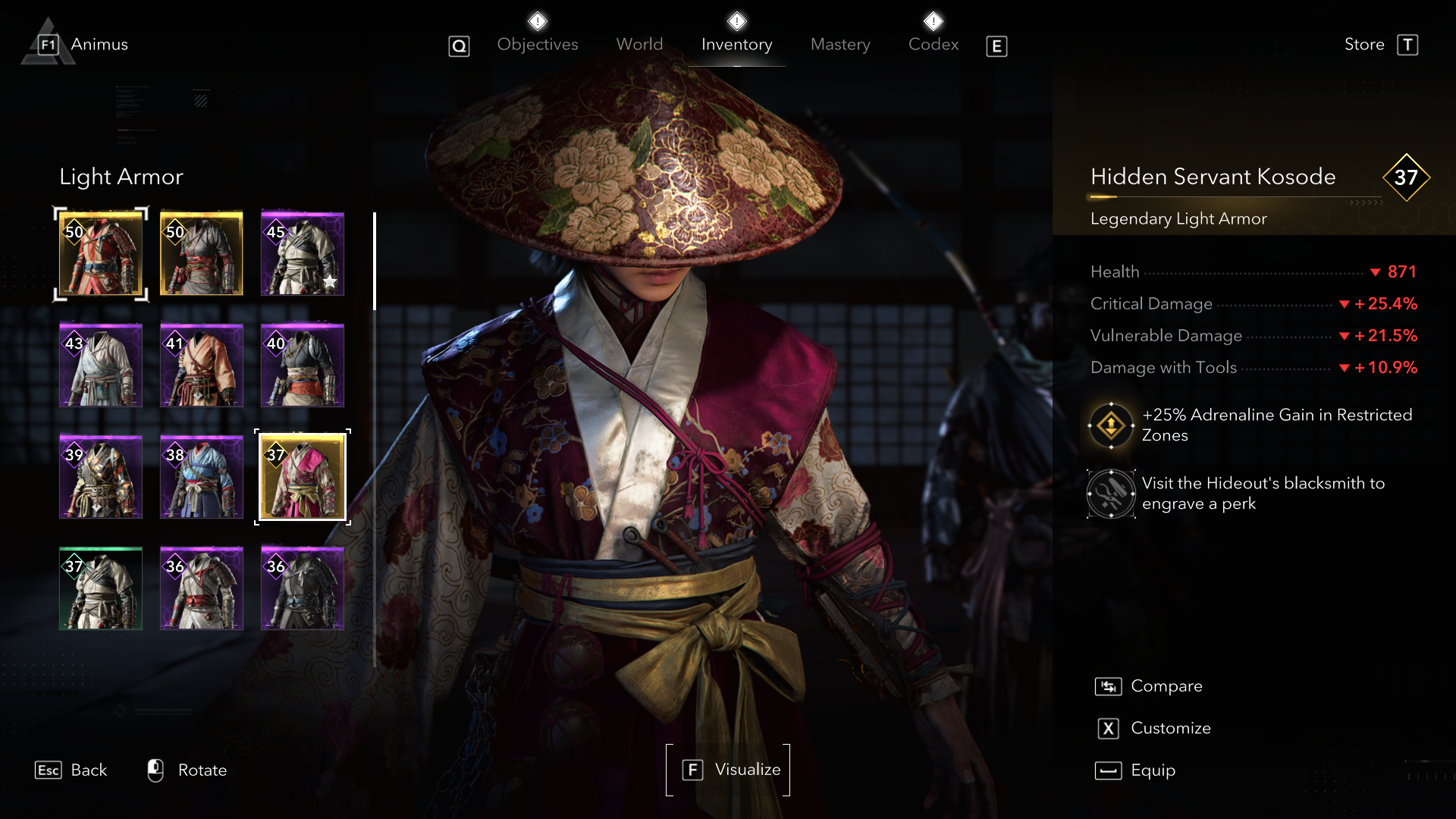 An Assassin&rsquo;s Creed Shadows screenshot showing the Hidden Servant Kosode armor