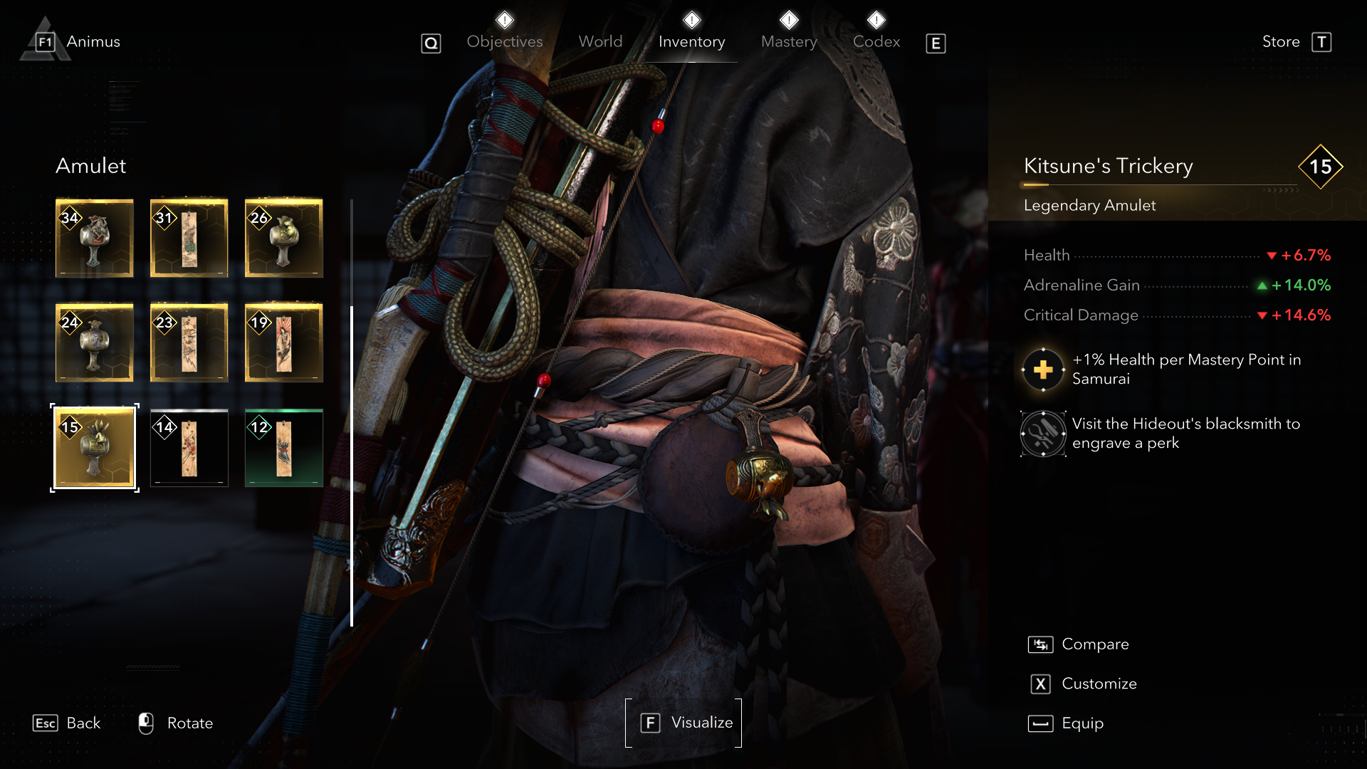 An Assassin&rsquo;s Creed Shadows screenshot showing the Kitsune&rsquo;s Trickery amulet