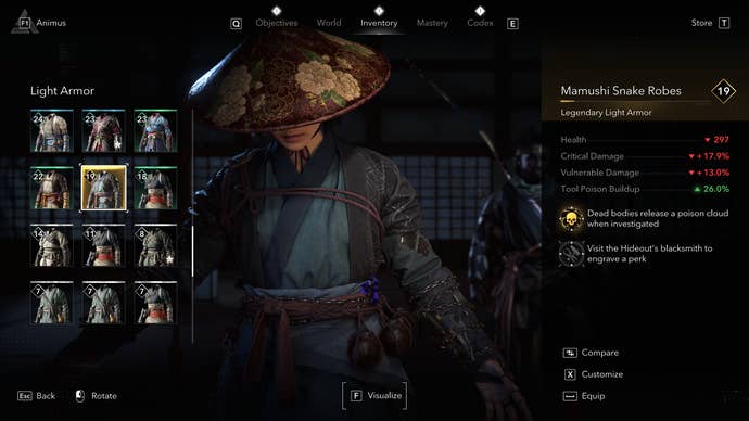 An Assassin’s Creed Shadows screenshot showing the Mamushi Skane Robes armor